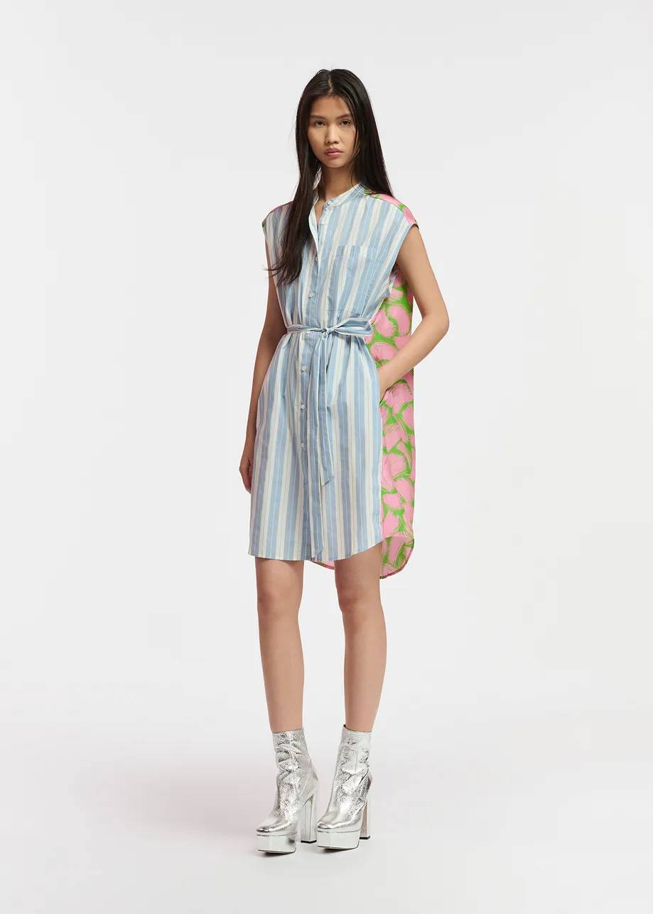 Blue and white striped shirt dress with silk back panel