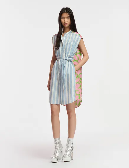 Blue and white striped shirt dress with silk back panel