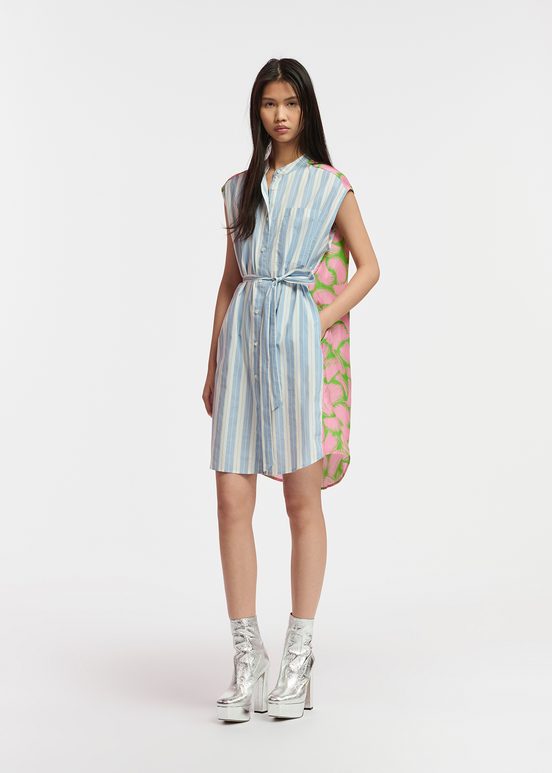 Blue and white striped shirt dress with silk back panel