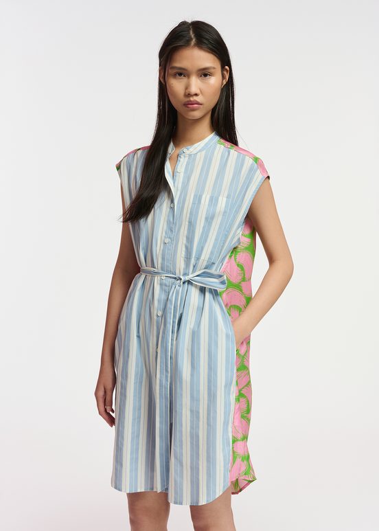 Blue and white striped shirt dress with silk back panel