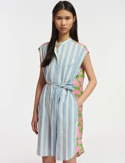 Blue and white striped shirt dress with silk back panel