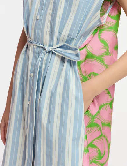 Blue and white striped shirt dress with silk back panel