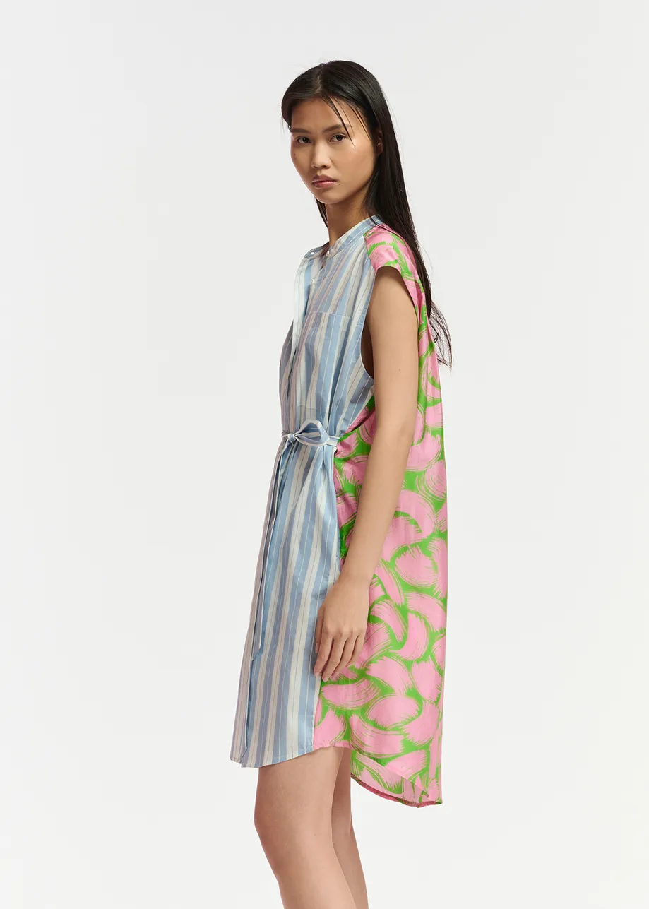 Blue and white striped shirt dress with silk back panel