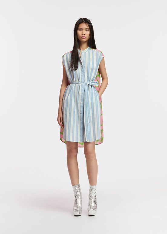 Blue and white striped shirt dress with silk back panel