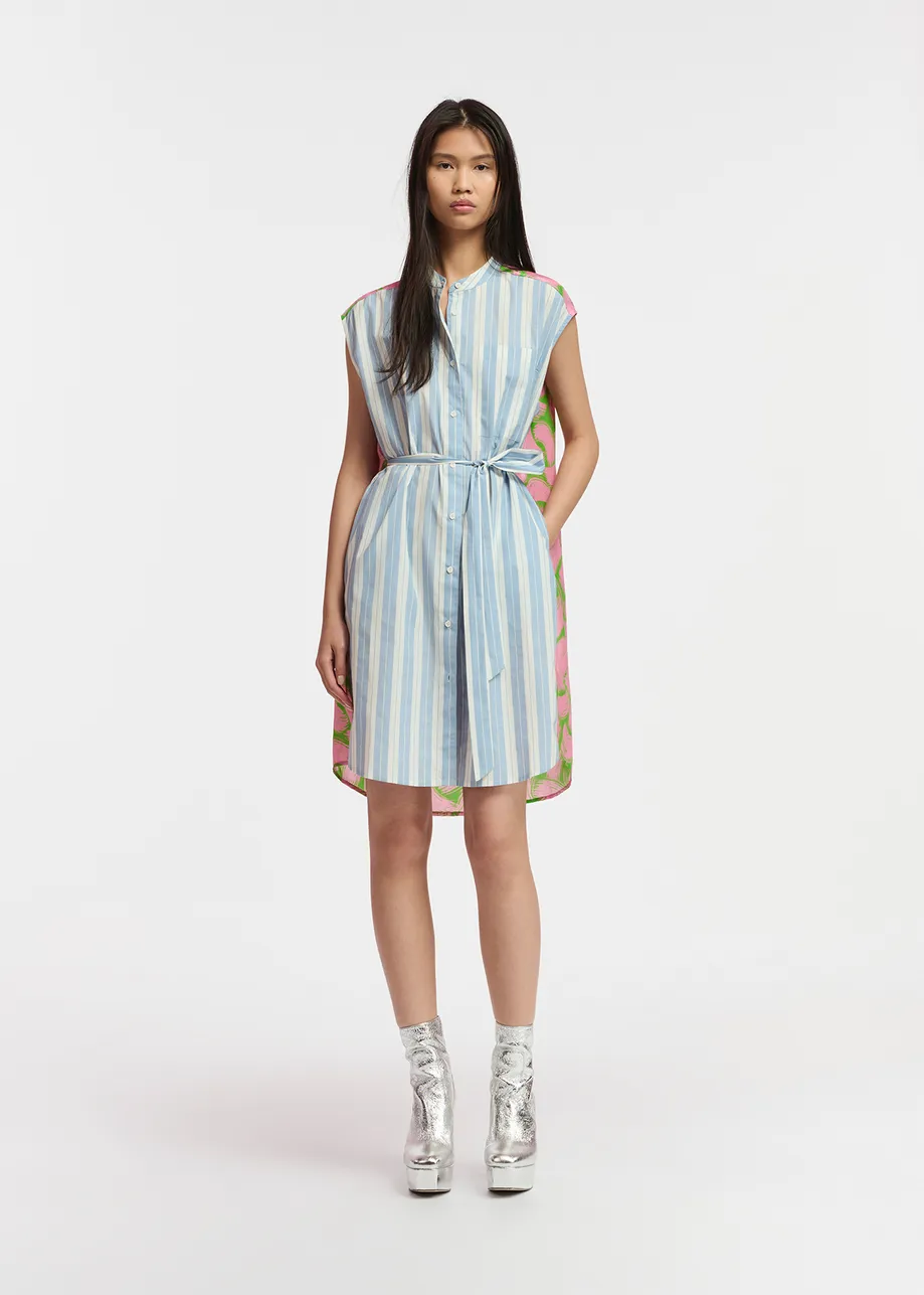 Blue and white striped shirt dress with silk back panel