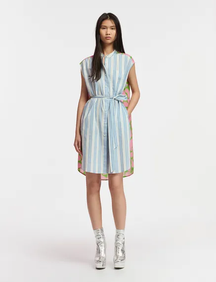 Blue and white striped shirt dress with silk back panel