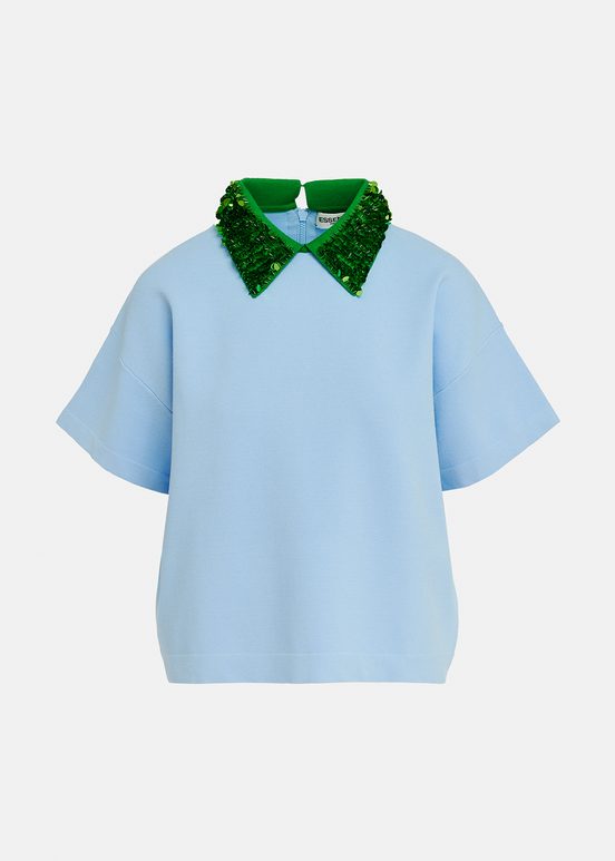 Blue top with green sequin-embellished collar