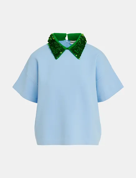 Blue top with green sequin-embellished collar