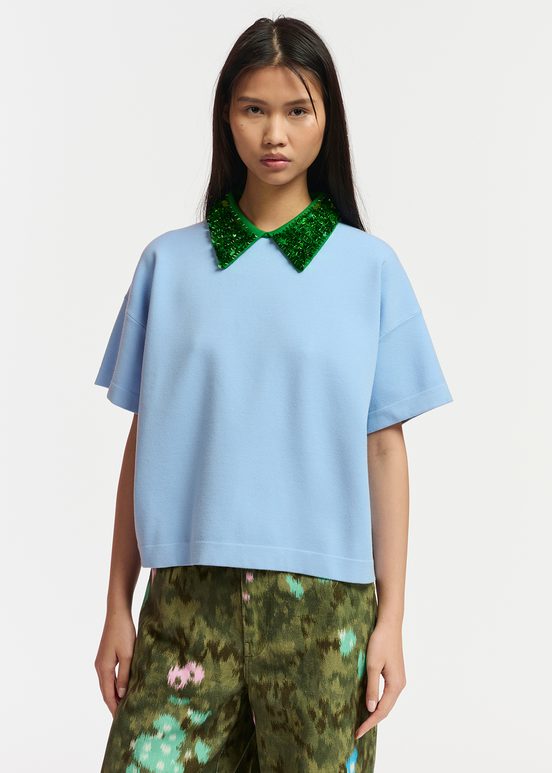 Blue top with green sequin-embellished collar