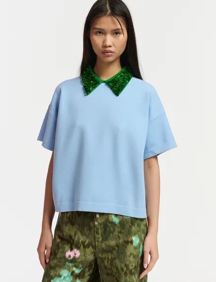 Blue top with green sequin-embellished collar