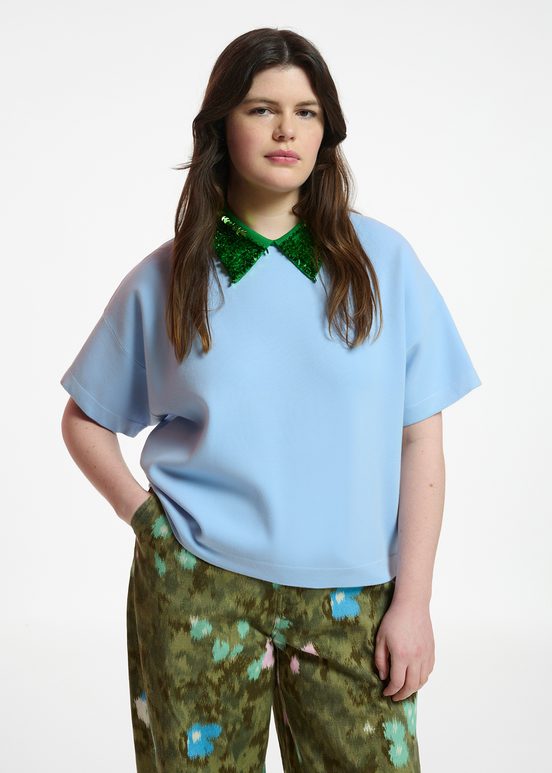 Blue top with green sequin-embellished collar