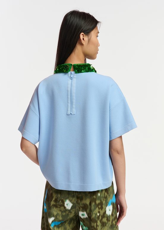 Blue top with green sequin-embellished collar