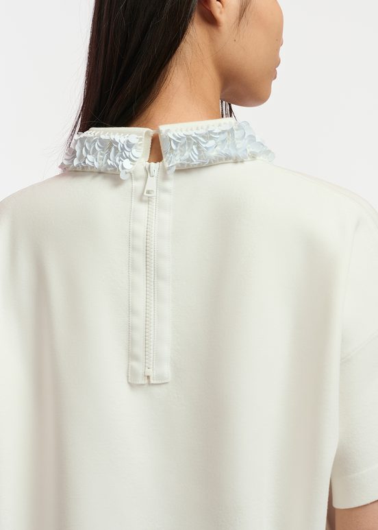 Off-white top with sequin-embellished collar