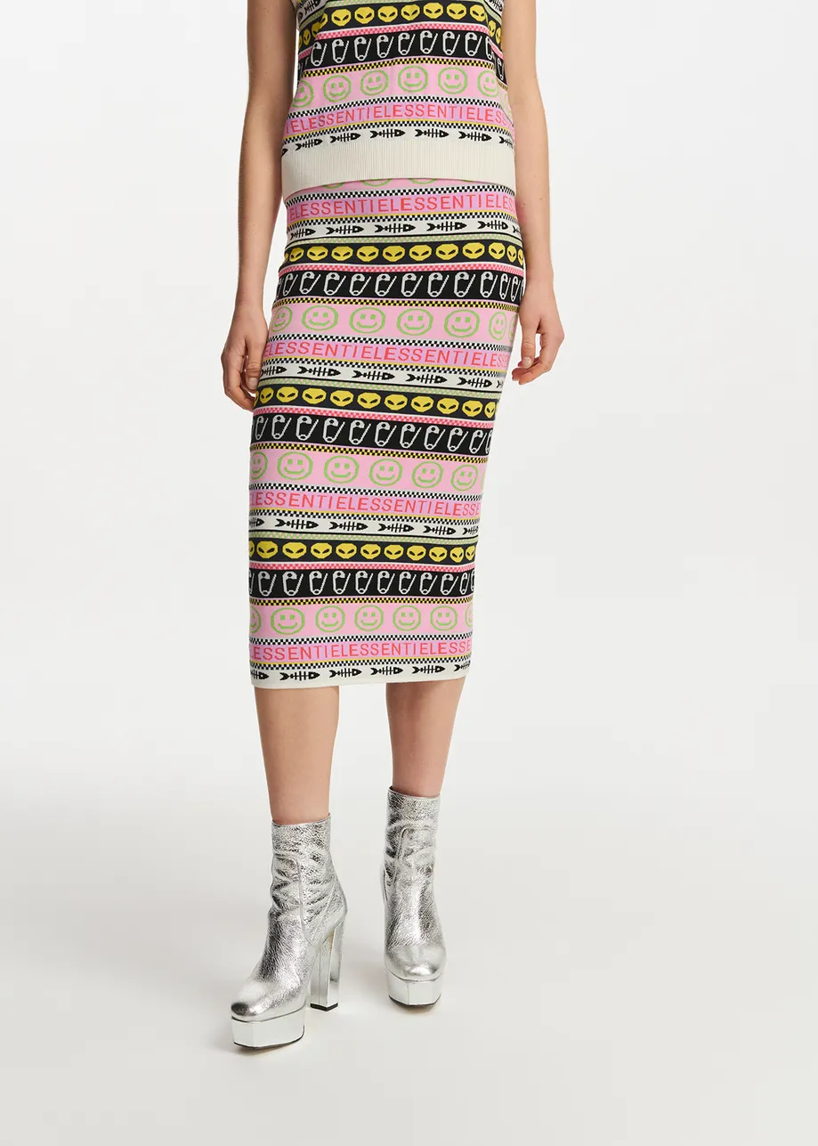 Multicolor jacquard-knitted midi skirt