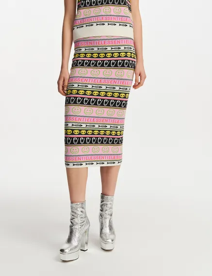 Multicolor jacquard-knitted midi skirt