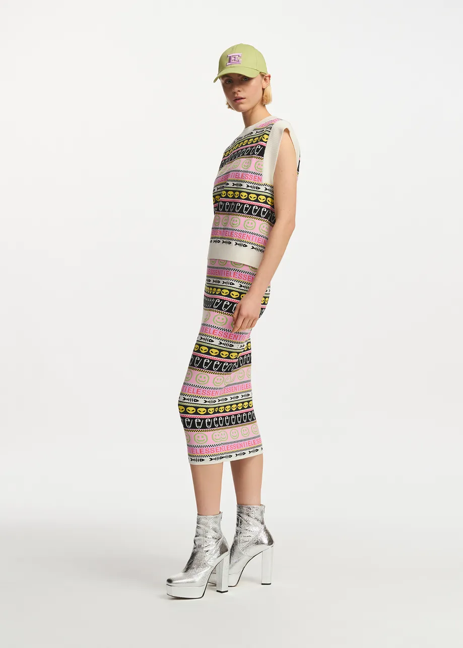 Multicolor jacquard-knitted midi skirt