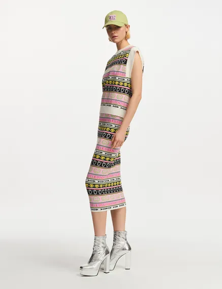 Multicolor jacquard-knitted midi skirt