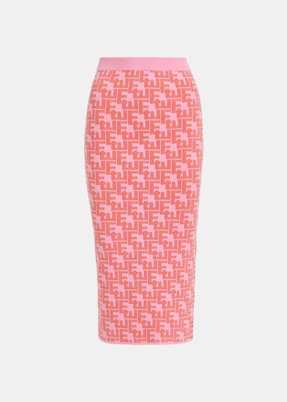 Pink and red jacquard-knitted midi skirt