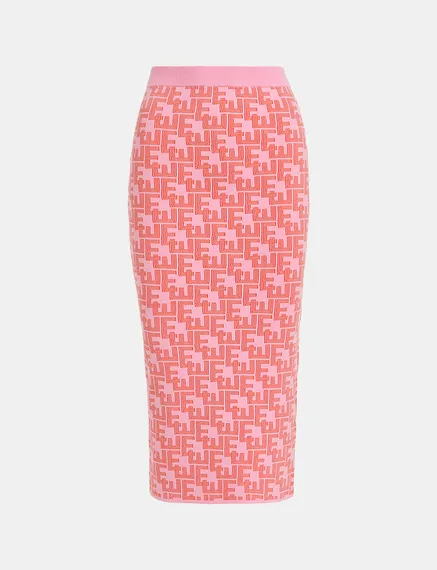 Roze en rode midirok in jacquard