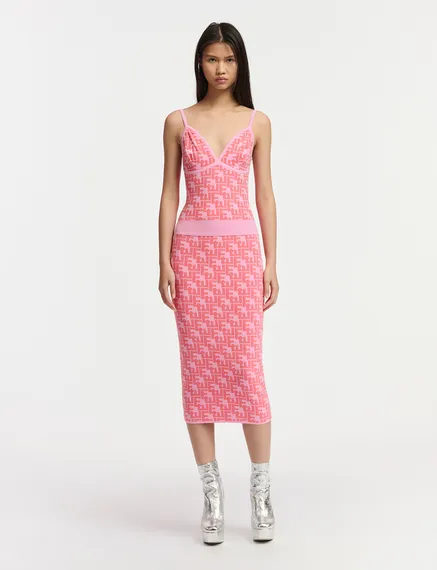 Roze en rode midirok in jacquard