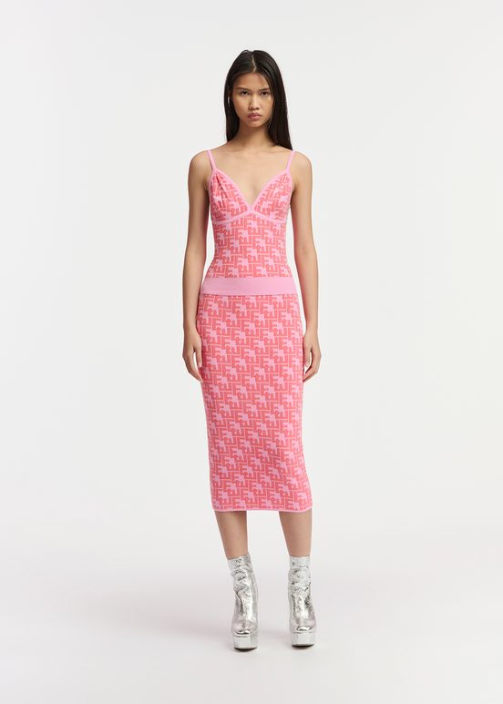 Roze en rode midirok in jacquard