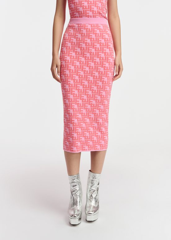 Pink and red jacquard-knitted midi skirt