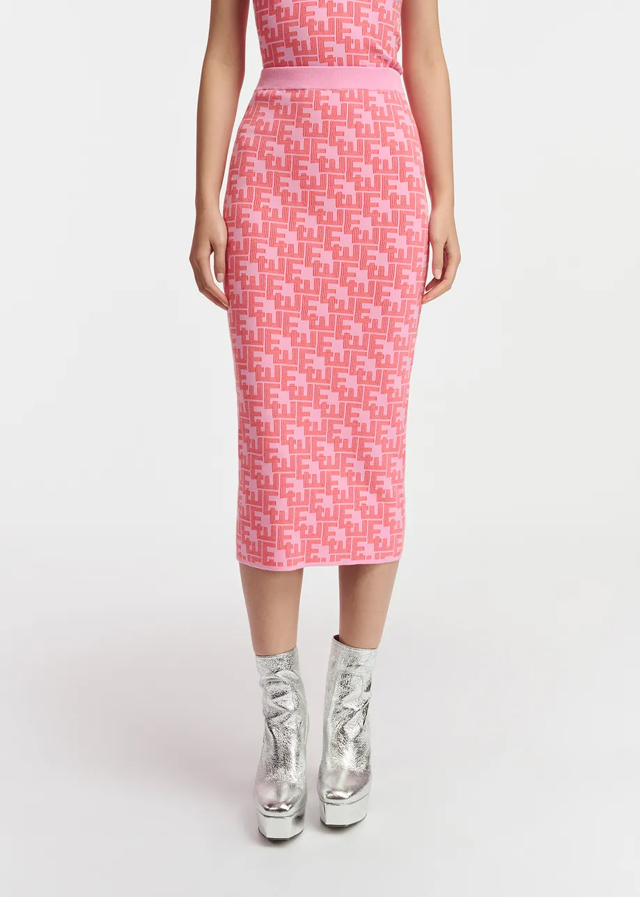 Pink and red jacquard-knitted midi skirt