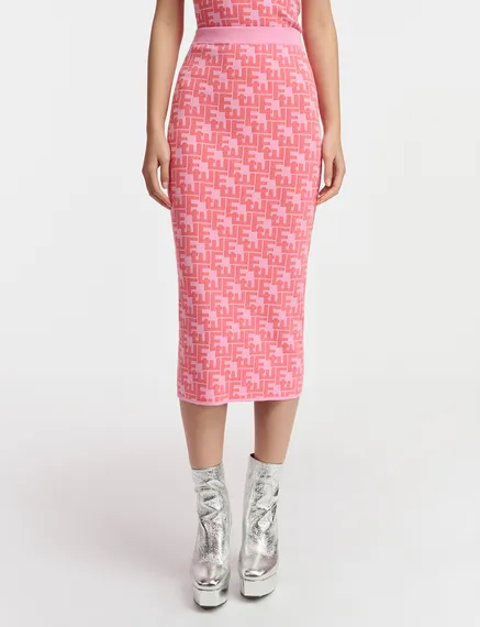 Pink and red jacquard-knitted midi skirt