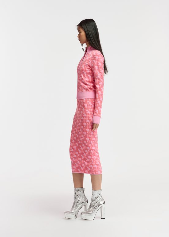 Roze en rode midirok in jacquard