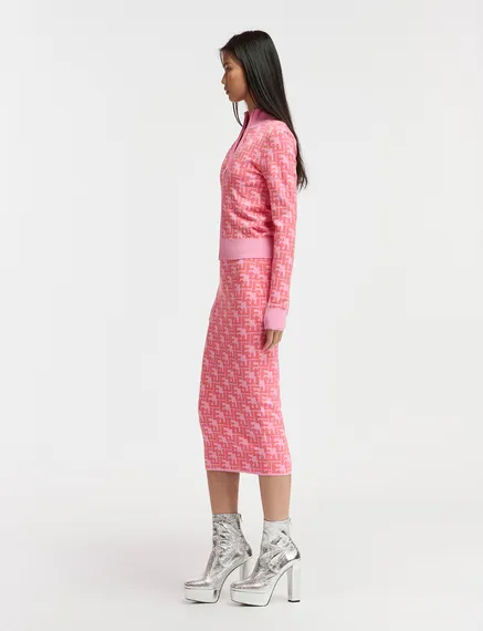 Roze en rode midirok in jacquard