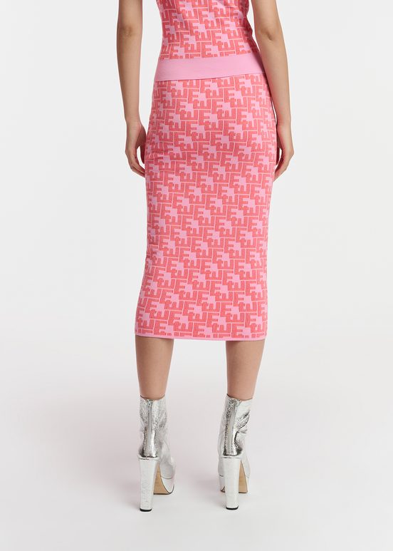 Roze en rode midirok in jacquard