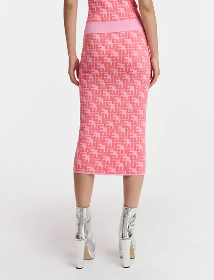 Pink and red jacquard-knitted midi skirt