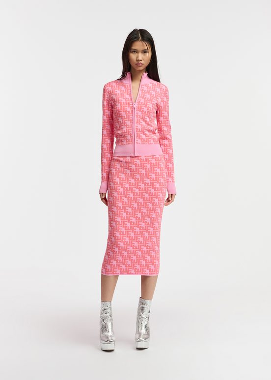 Roze en rode midirok in jacquard