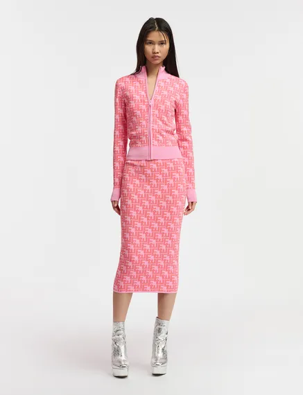 Roze en rode midirok in jacquard