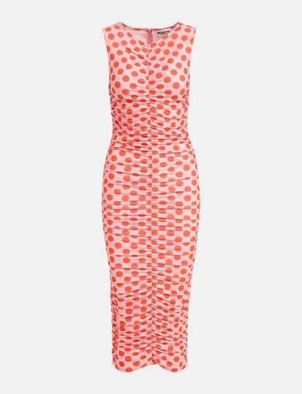 Light pink and red polka-dot stretch-jersey midi dress