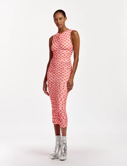 Light pink and red polka-dot stretch-jersey midi dress