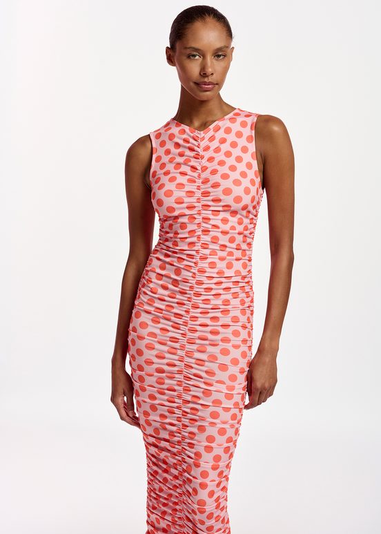 Light pink and red polka-dot stretch-jersey midi dress