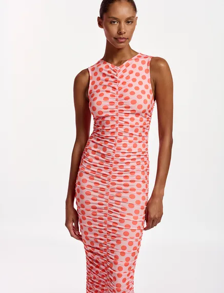 Light pink and red polka-dot stretch-jersey midi dress