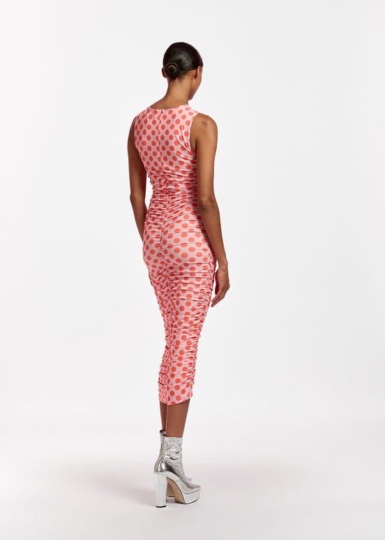 Light pink and red polka-dot stretch-jersey midi dress