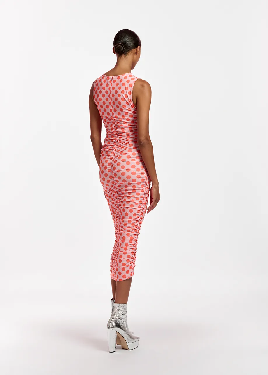 Light pink and red polka-dot stretch-jersey midi dress