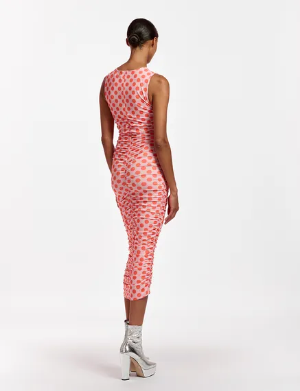 Light pink and red polka-dot stretch-jersey midi dress