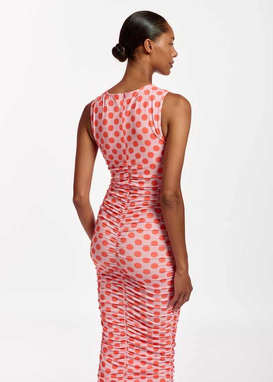 Light pink and red polka-dot stretch-jersey midi dress