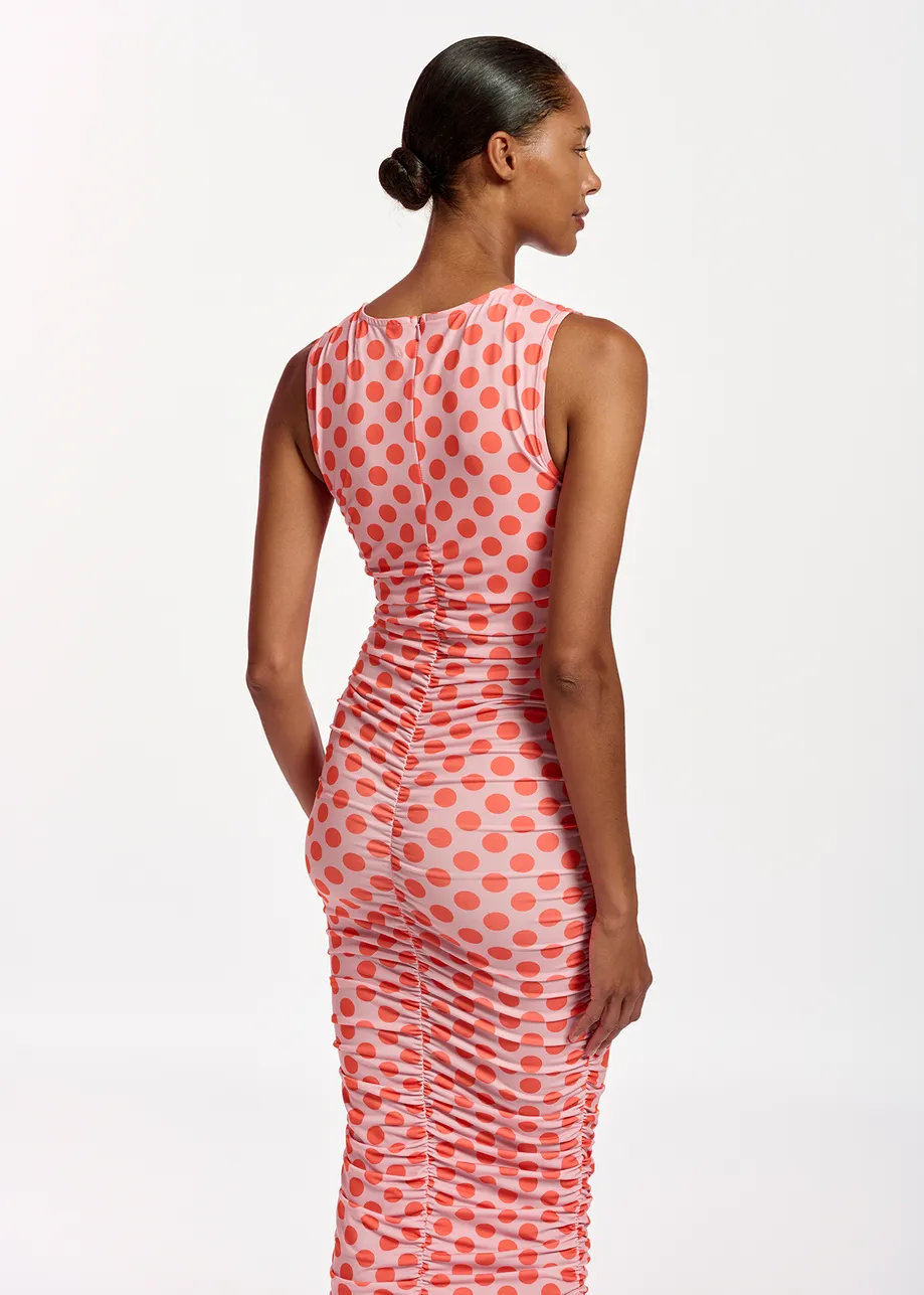 Light pink and red polka-dot stretch-jersey midi dress