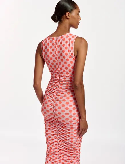 Light pink and red polka-dot stretch-jersey midi dress