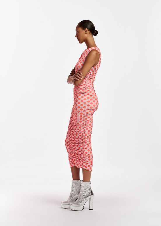 Light pink and red polka-dot stretch-jersey midi dress