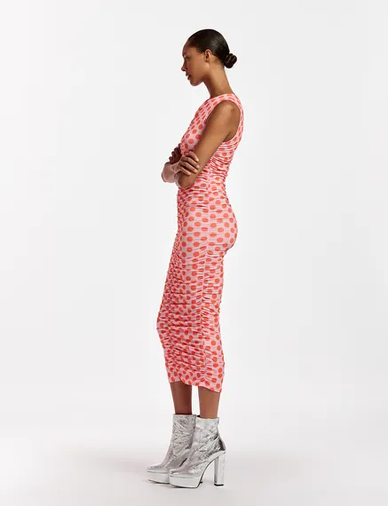 Light pink and red polka-dot stretch-jersey midi dress