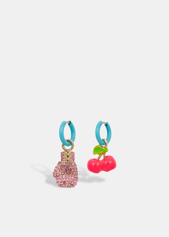 Light blue hoop earrings with boxing glove and cherry pendants