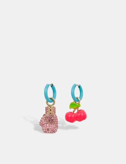 Light blue hoop earrings with boxing glove and cherry pendants