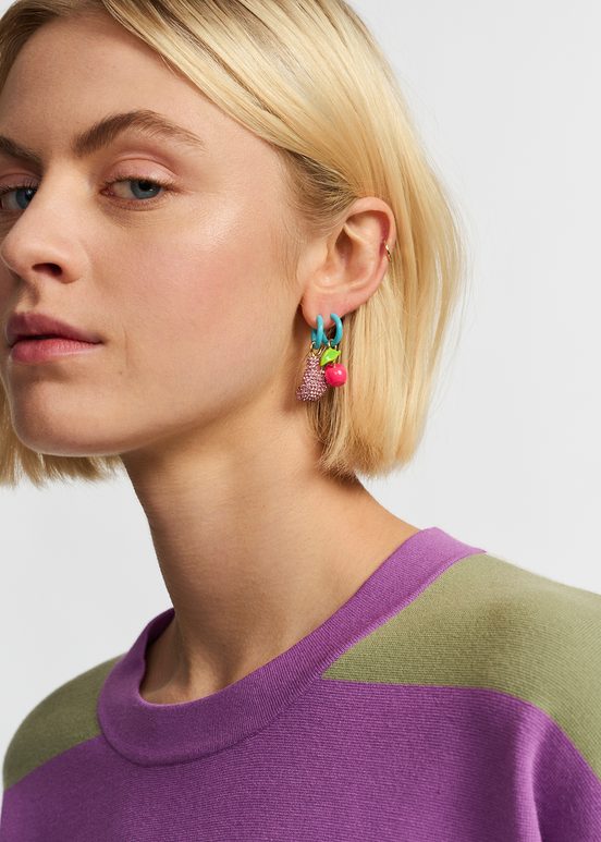 Light blue hoop earrings with boxing glove and cherry pendants