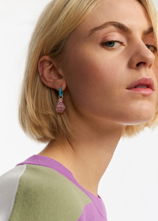 Light blue hoop earrings with boxing glove and cherry pendants